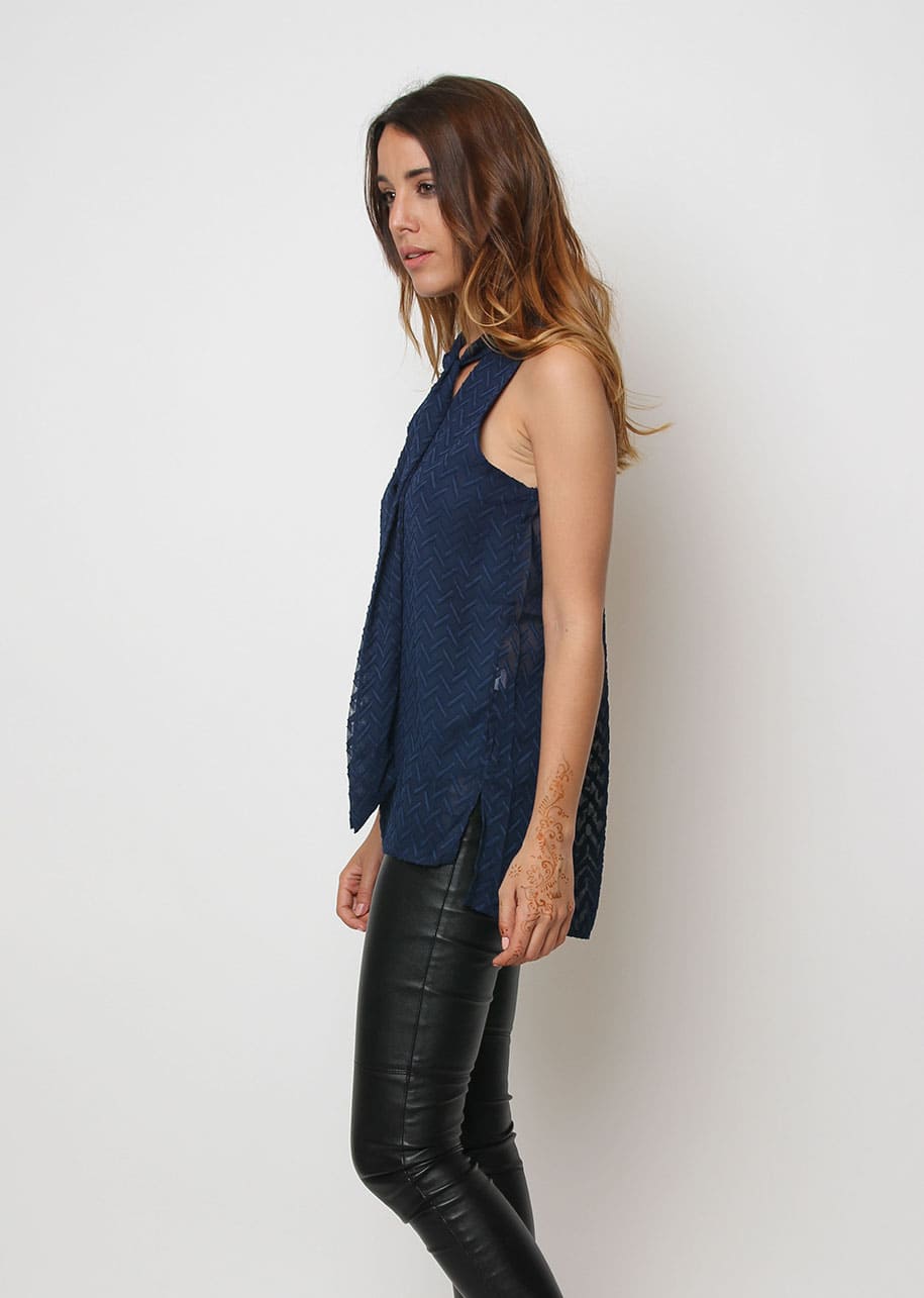 Blusa mujer sin mangas top fluido lazo cuello pico tejido texturizado elegante básico versátil talla S azul marino cómodo transpirable look casual oficina fiesta ✅Entrega 24/48h