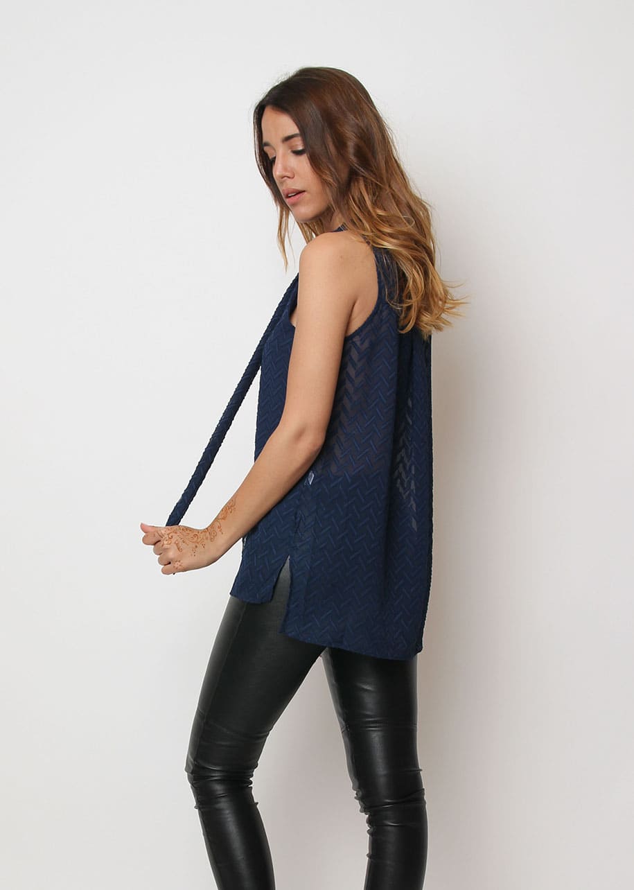 Blusa mujer sin mangas top fluido lazo cuello pico tejido texturizado elegante básico versátil talla S azul marino cómodo transpirable look casual oficina fiesta ✅Entrega 24/48h