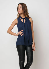 Blusa mujer sin mangas top fluido lazo cuello pico tejido texturizado elegante básico versátil talla S azul marino cómodo transpirable look casual oficina fiesta ✅Entrega 24/48h