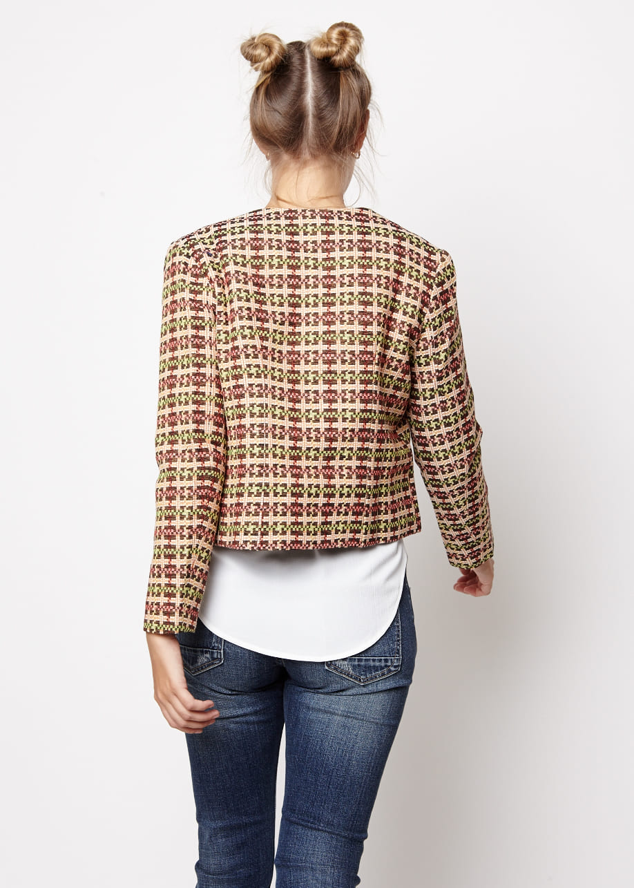 Chaqueta mujer, blazer, abrigo ligero, diseño cuadros, cuello redondo, manga larga, forro integrado, elegante, tejido poliéster resistente, color beige burdeos, talla L, versátil otoño invierno ✅Entrega 24/48h