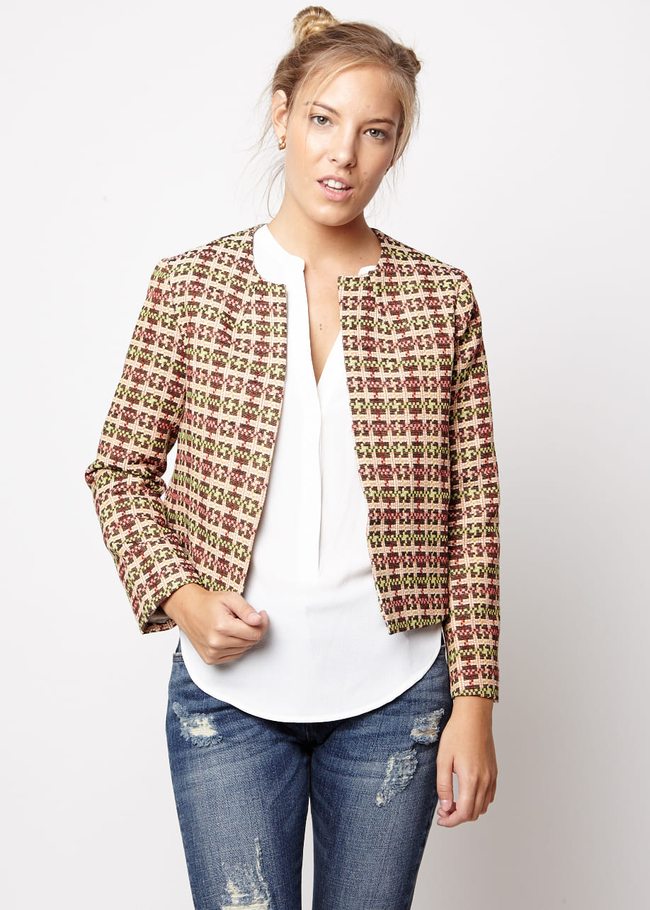Chaqueta mujer, blazer, abrigo ligero, diseño cuadros, cuello redondo, manga larga, forro integrado, elegante, tejido poliéster resistente, color beige burdeos, talla L, versátil otoño invierno ✅Entrega 24/48h