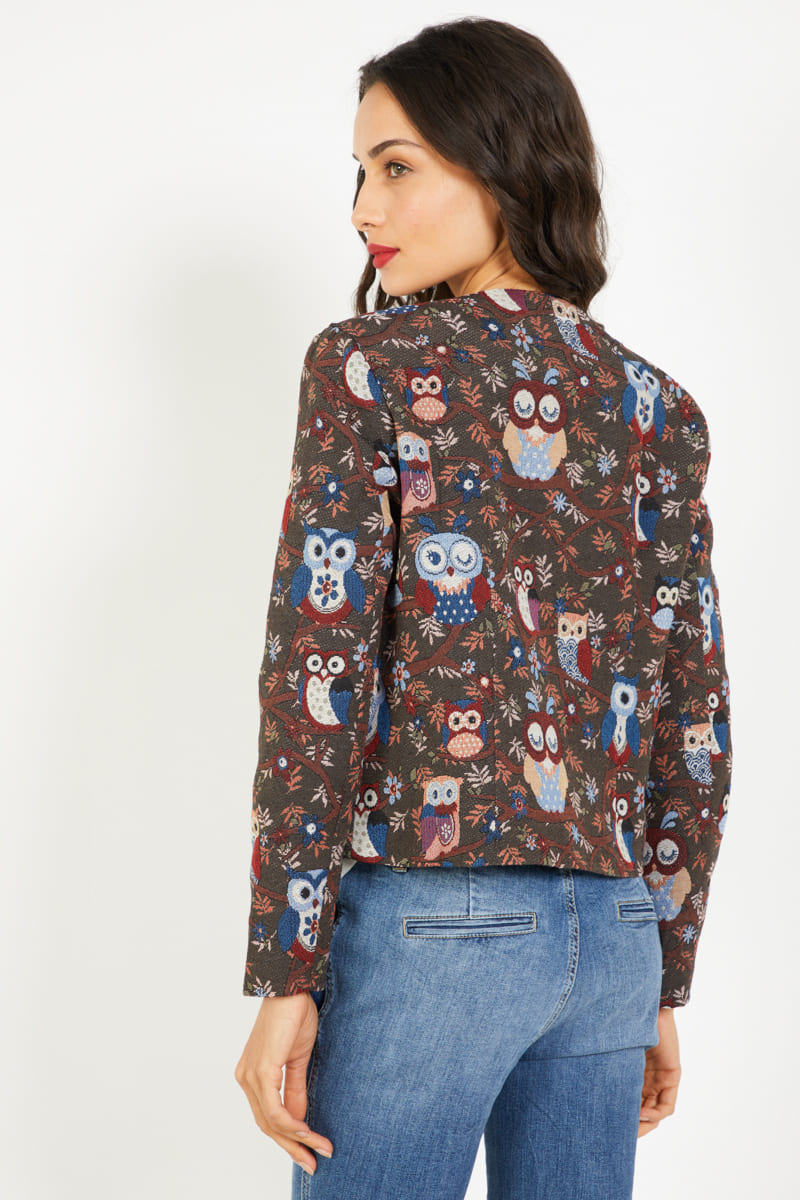 Chaqueta mujer, blazer ligera, diseño búhos multicolor, cuello redondo, botones metálicos, estilo elegante y casual, manga larga, color marrón, talla L, versátil ideal oficina o salidas ✅Entrega 24/48h