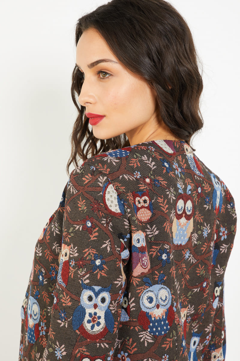Chaqueta mujer, blazer ligera, diseño búhos multicolor, cuello redondo, botones metálicos, estilo elegante y casual, manga larga, color marrón, talla L, versátil ideal oficina o salidas ✅Entrega 24/48h