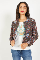 Chaqueta mujer, blazer ligera, diseño búhos multicolor, cuello redondo, botones metálicos, estilo elegante y casual, manga larga, color marrón, talla L, versátil ideal oficina o salidas ✅Entrega 24/48h