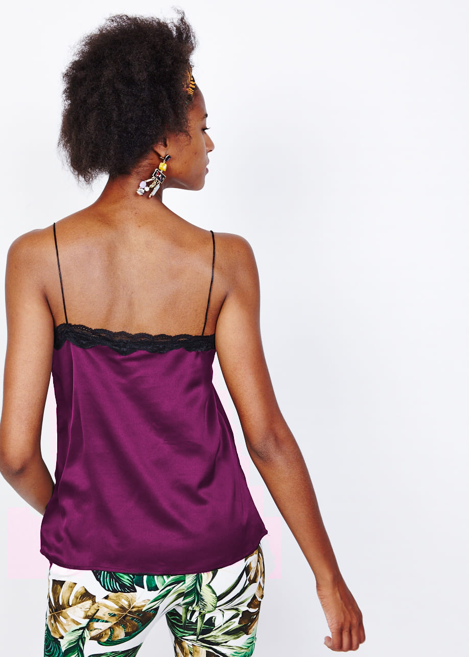 Top Lencero Mujer Satinado, Blusa Camiseta Tirantes, Detalle Encaje Escote, Estilo Elegante, Corte Recto, Textura Suave, Color Morado, Talla S, Ideal Fiesta Urbano Chic, ✅Entrega 24/48h