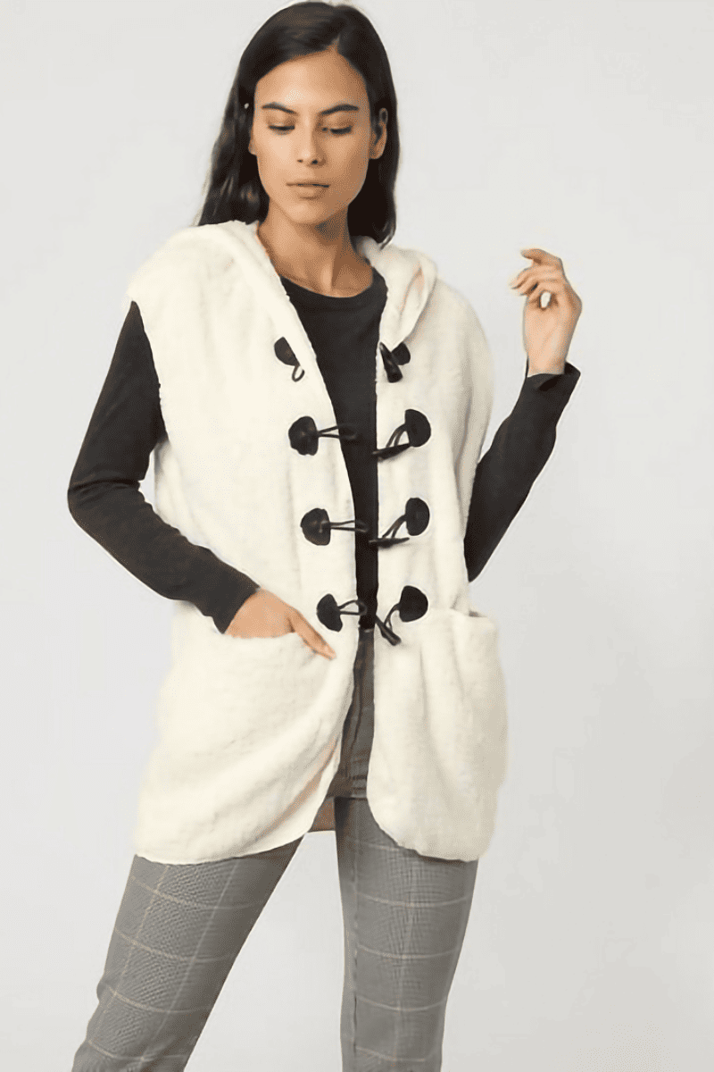 Chaleco peluche mujer, chaleco afelpado moderno, capucha, bolsillos laterales, cierre broche frontal, cálido y suave, look casual elegante, color blanco, talla L, versátil para invierno ✅Entrega 24/48h