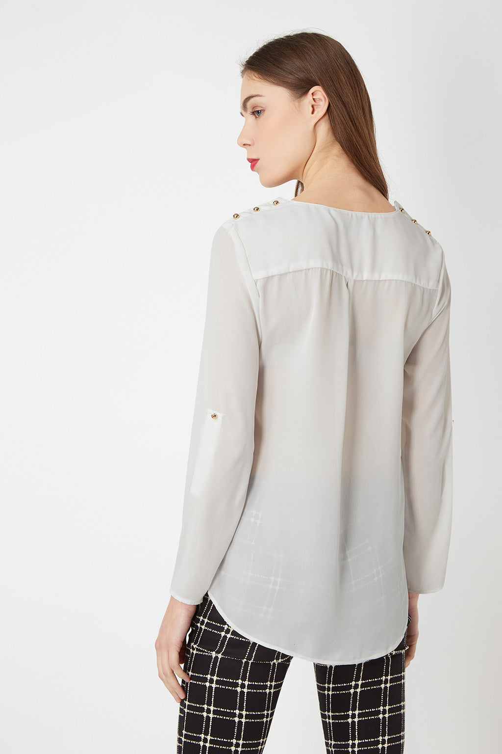 Blusa fluida mujer, camisa elegante, manga larga ajustable botón, escote pico, trabilla hombro, tejido ligero, cómoda y versátil, color blanco, talla L, look casual o formal ✅Entrega 24/48h