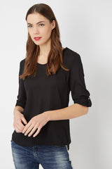 Blusa mujer fluida manga larga ajustable camisa top elegante oficina escote pico detalle trabilla hombros apliques modelo Love & Money H15031 talla L color negro outfit versátil cómodo ✅Entrega 24/48h