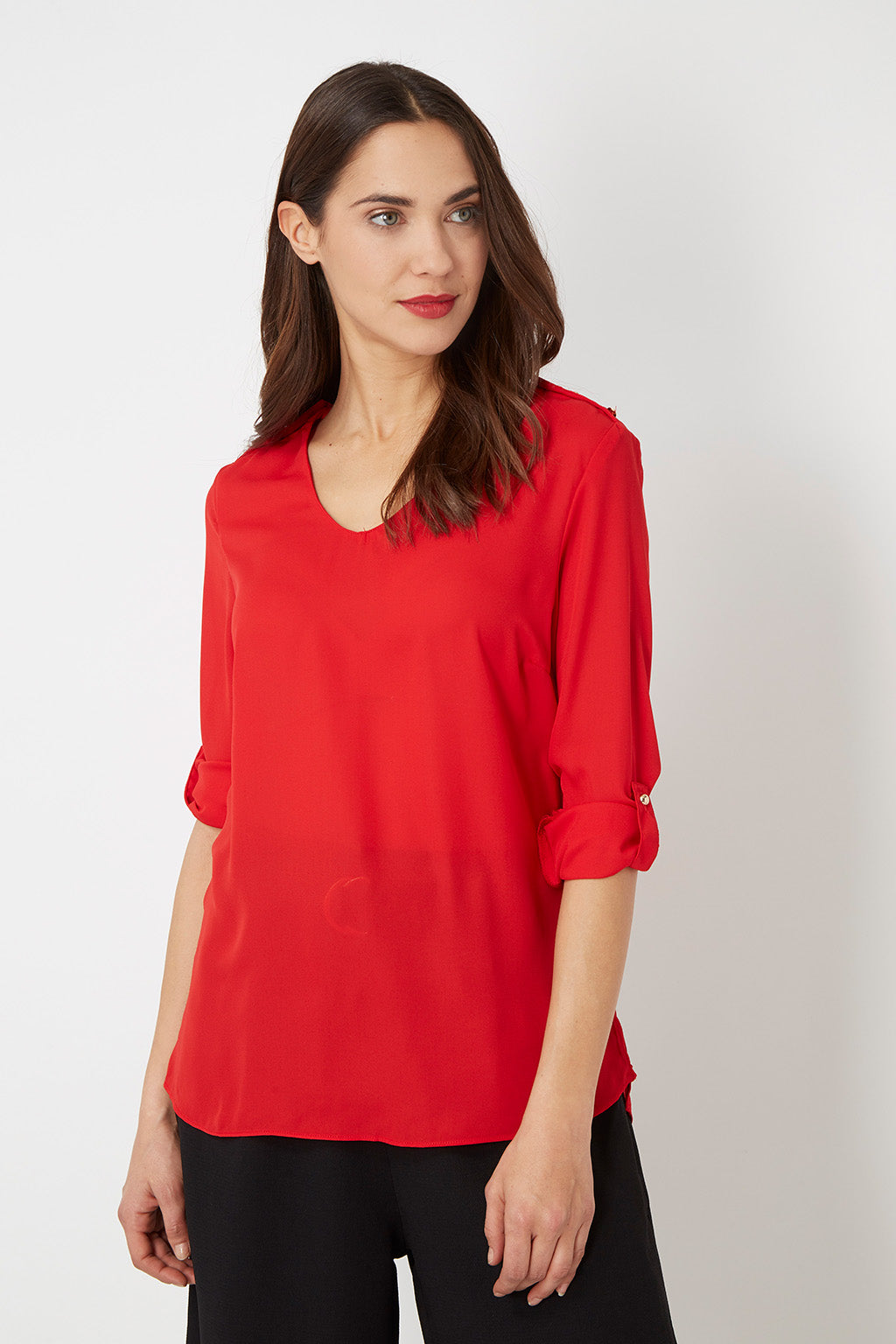 Blusa mujer fluida shirt blouse escote pico manga larga ajustable botón trabillas hombros aplique estilo casual cómoda elegante corte recto talla L color rojo ✅Entrega 24/48h