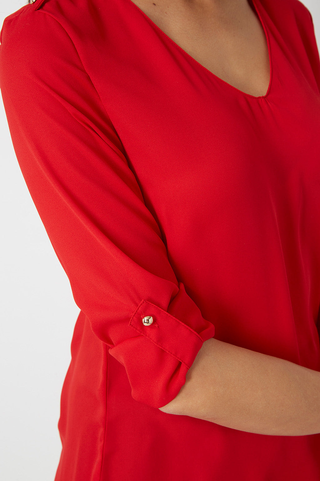 Blusa mujer fluida shirt blouse escote pico manga larga ajustable botón trabillas hombros aplique estilo casual cómoda elegante corte recto talla L color rojo ✅Entrega 24/48h
