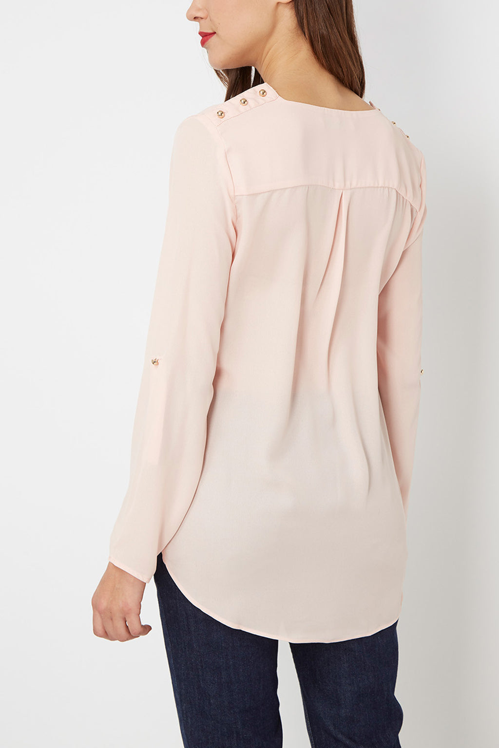 Blusa mujer fluida Love & Money H15031, camisa elegante escote pico, manga larga ajustable, trabilla hombros, aplicación decorativa, color rosa, talla L, ligera y versátil, fácil combinar ✅Entrega 24/48h