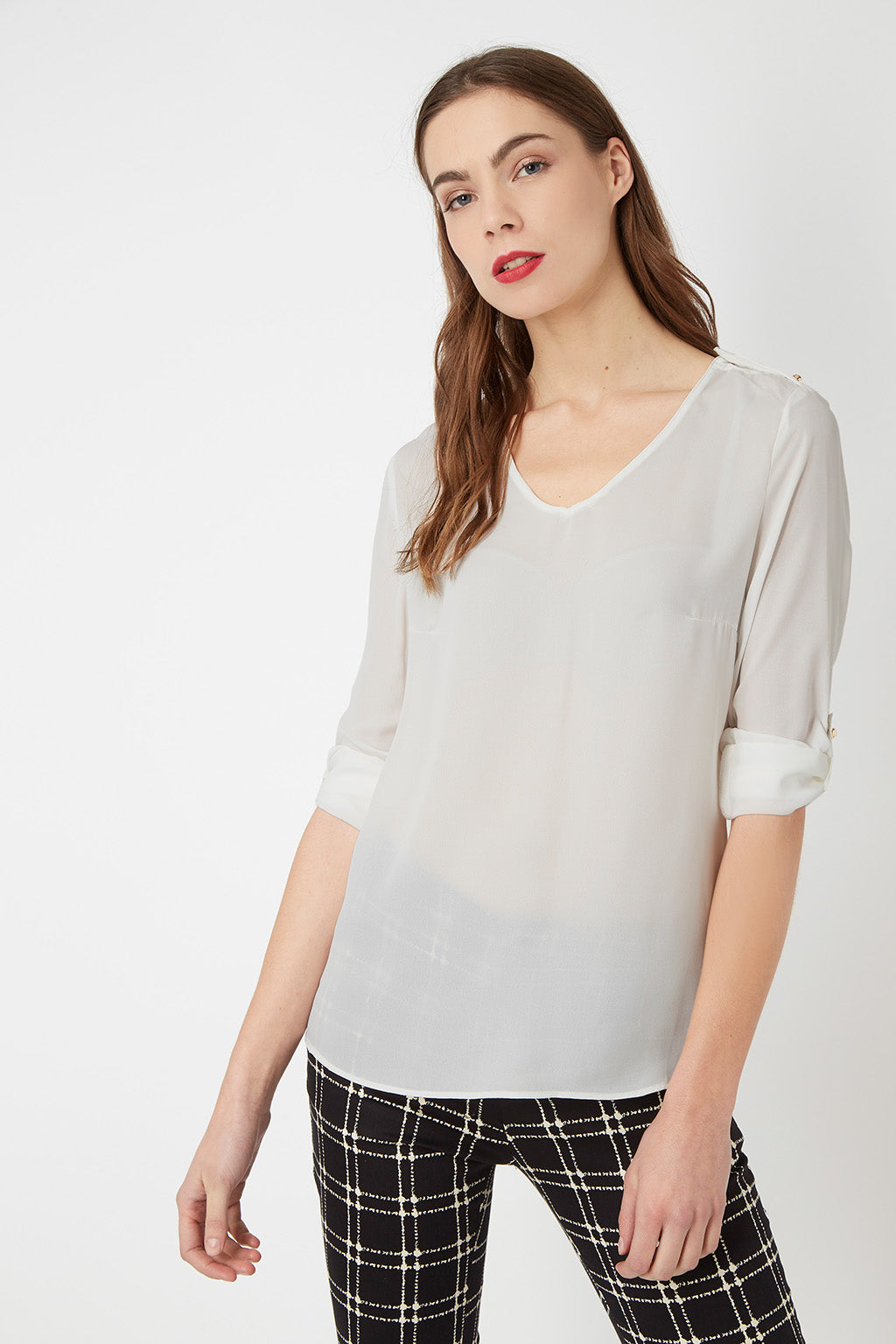 Blusa fluida mujer, camisa elegante, manga larga ajustable botón, escote pico, trabilla hombro, tejido ligero, cómoda y versátil, color blanco, talla L, look casual o formal ✅Entrega 24/48h
