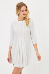 Vestido mujer blanco Love & Money H15048 manga 3/4 plisado, dress corto elegante, cuello redondo, cierre botones trasero, estilo versátil para eventos, talla L, cómodo, moderno, outfit primavera verano ✅Entrega 24/48h