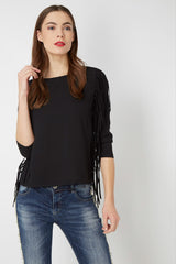Blusa mujer elegante negro, blusa casual, top con flecos, manga larga, cuello redondo, estilo moderno, talla L, ideal oficina y eventos, versátil y cómoda, tendencia urbana, entrega rápida ✅Entrega 24/48h