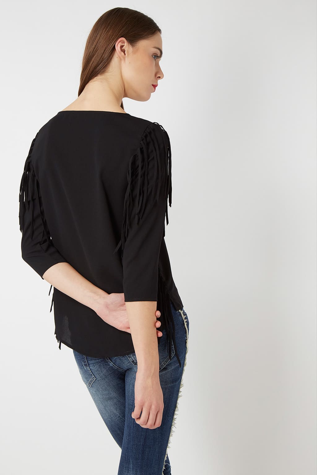 Blusa mujer elegante negro, blusa casual, top con flecos, manga larga, cuello redondo, estilo moderno, talla L, ideal oficina y eventos, versátil y cómoda, tendencia urbana, entrega rápida ✅Entrega 24/48h