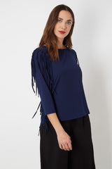 Blusa mujer azul Love & Money modelo H15139, flecos hombros, manga larga, cuello redondo, diseño liso, look casual elegante, cómoda y versátil, talla L disponible, entrega rápida ✅Entrega 24/48h