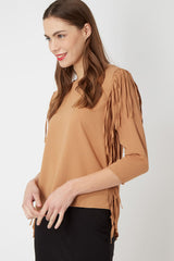 Blusa mujer camel flecos, top elegante, diseño liso, manga larga, cuello redondo, look casual chic, tendencia, talla L, cómoda y versátil, perfecta oficina o eventos sociales ✅Entrega 24/48h