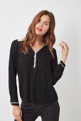 Blusa mujer elegante cuello pico cremallera detalles flecos hombros contraste, manga larga botones, cómoda y versátil, modelo Love & Money H15155, talla L, color negro ✅Entrega 24/48h