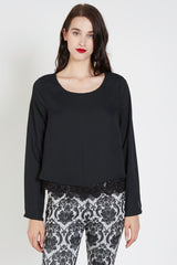 Blusa mujer elegante manga larga black shirt encaje guipur cuello redondo bajo decorativo tendencia otoño invierno talla L versátil cómoda ligera Love & Money negro ✅Entrega 24/48h