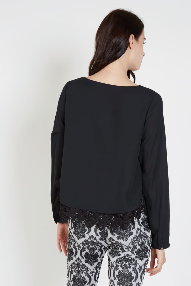Blusa mujer elegante manga larga black shirt encaje guipur cuello redondo bajo decorativo tendencia otoño invierno talla L versátil cómoda ligera Love & Money negro ✅Entrega 24/48h