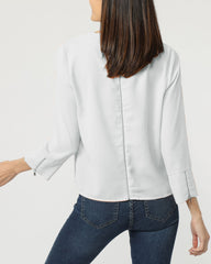 Blusa mujer elegante, camisa lisa, manga larga, cuello redondo, cierre cremallera trasera, modelo Love & Money H15177, corte recto, cómoda, básica, disponible talla S, color blanco, ✅Entrega 24/48h