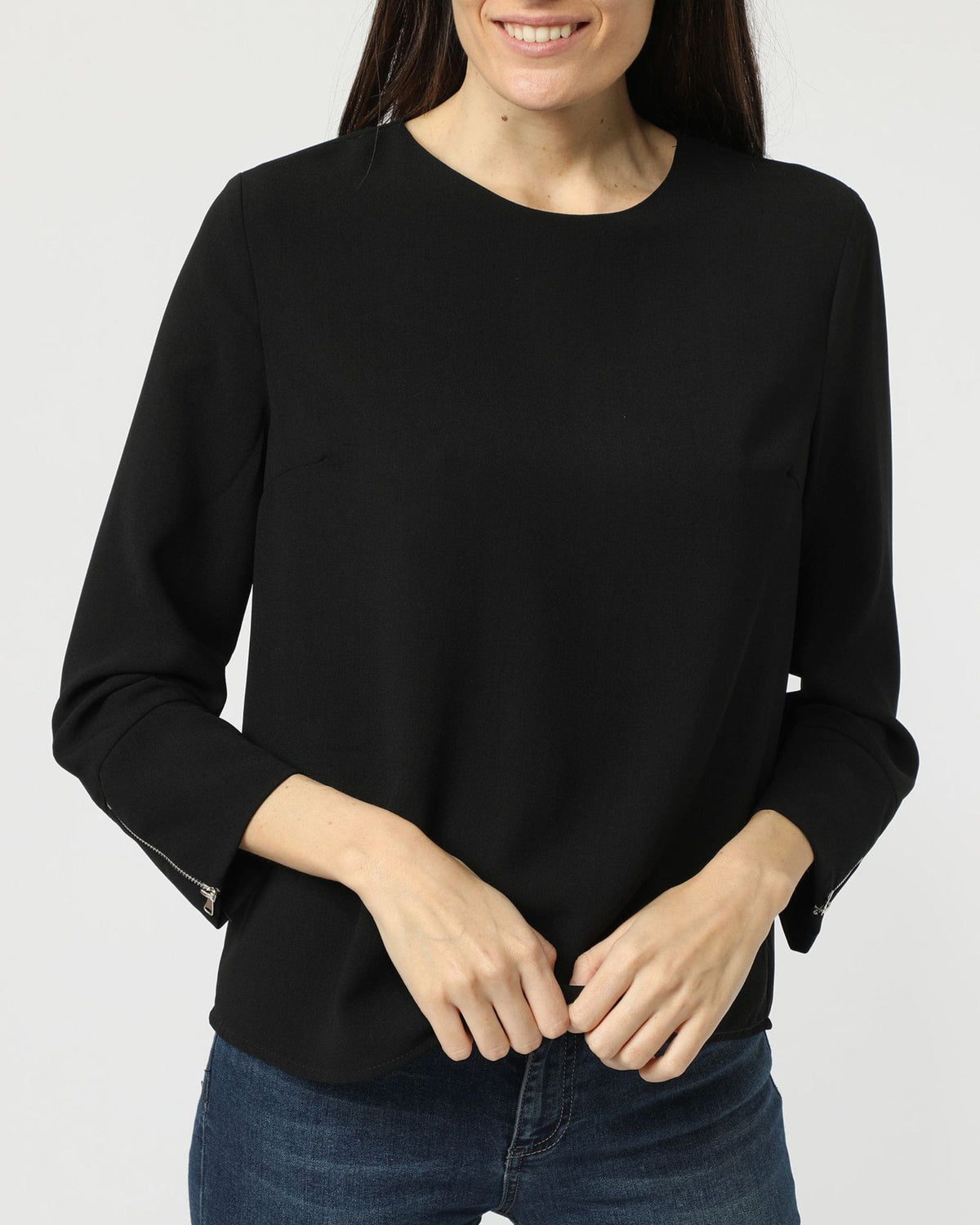 Blusa mujer, camisa, top formal cuello redondo manga larga cierre cremallera atrás, diseño liso, tejido suave, estilo elegante, color negro, talla L, versátil y cómoda ✅Entrega 24/48h