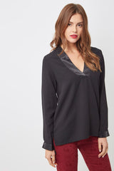Blusa mujer, top, camisa Love & Money H15187 tejido fluido elegante escote cruzado satinado manga larga botones bajo asimétrico, L, color negro, prenda cómoda y versátil perfecta oficina o eventos ✅Entrega 24/48h