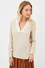 Blusa mujer satinada, camisa fluida manga larga escote pico cruzado, diseño bajo asimétrico botones puño, color beige, talla L, elegante cómoda versátil look día y noche ✅Entrega 24/48h