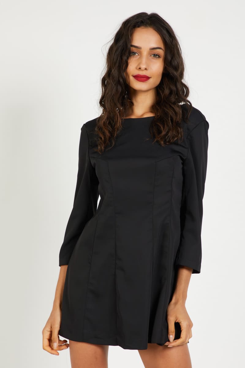 Vestido corto elegante mujer, dress urbano, modelo manga tres cuartos, escote barco, tejido suave, corte ajustado, color negro, talla L, cómodo, versátil, ideal para eventos y fiestas ✅Entrega 24/48h
