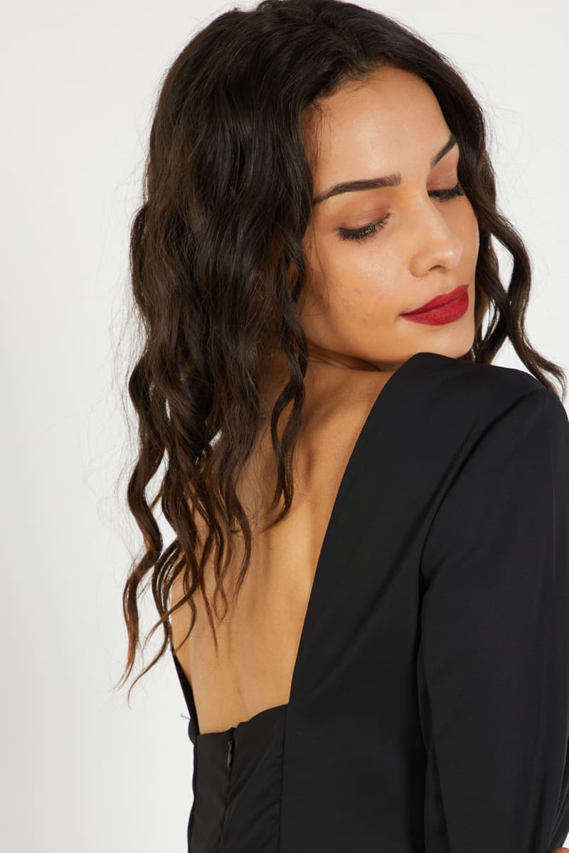 Vestido corto elegante mujer, dress urbano, modelo manga tres cuartos, escote barco, tejido suave, corte ajustado, color negro, talla L, cómodo, versátil, ideal para eventos y fiestas ✅Entrega 24/48h