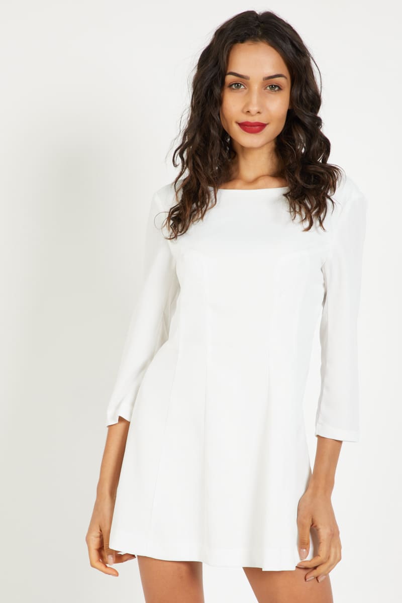 Vestido mini mujer elegante, dress fashion, manga tres cuartos, escote barco, corte recto, estilo casual chic, suave textura, color blanco, talla L, cómodo, femenino, ideal eventos día noche ✅Entrega 24/48h