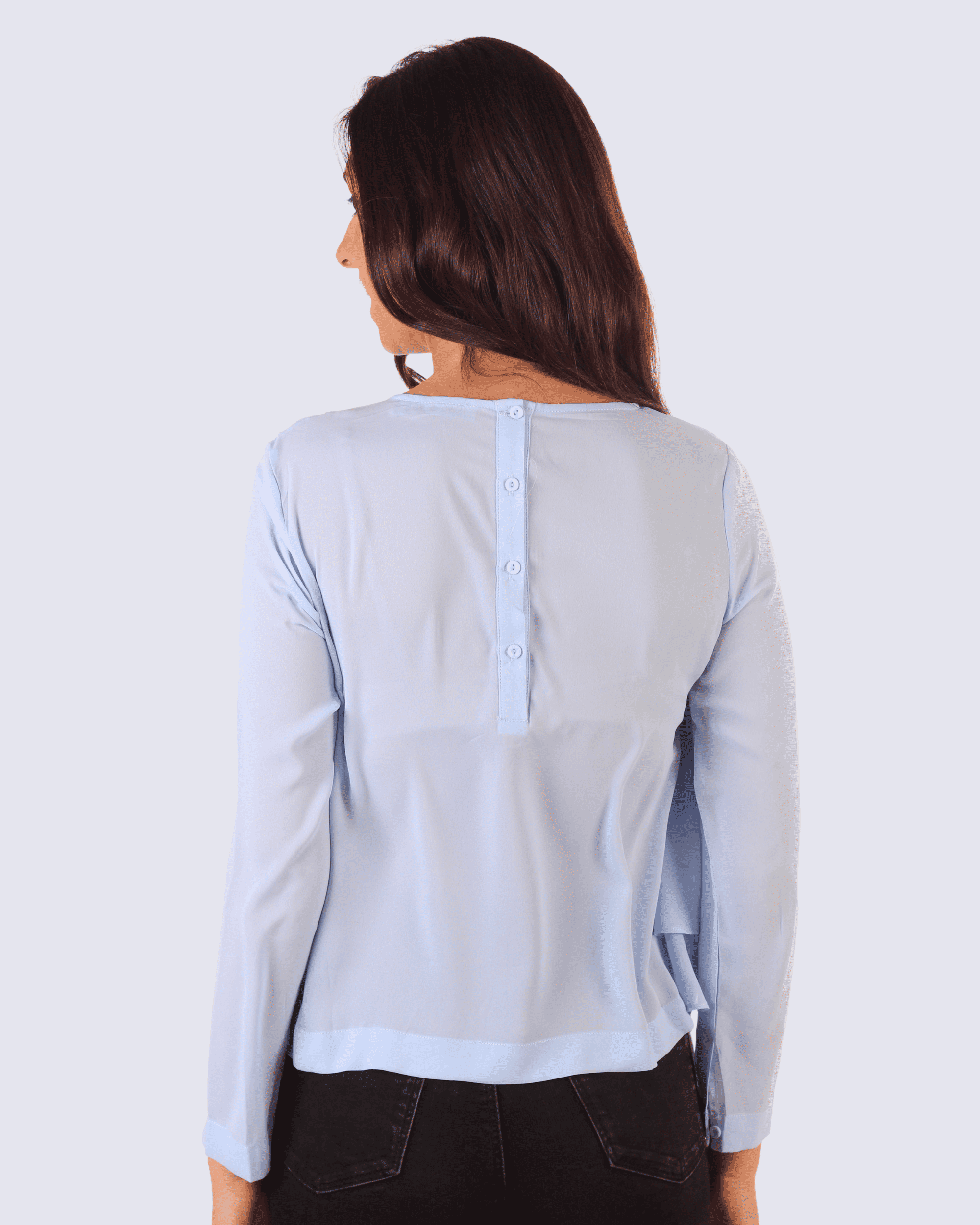 Blusa mujer elegante, top asimétrico, volado, manga larga, diseño fluido, corte recto, perfecta oficina o casual, color celeste, talla L, look sofisticado y cómodo, variedad colores vibrantes ✅Entrega 24/48h