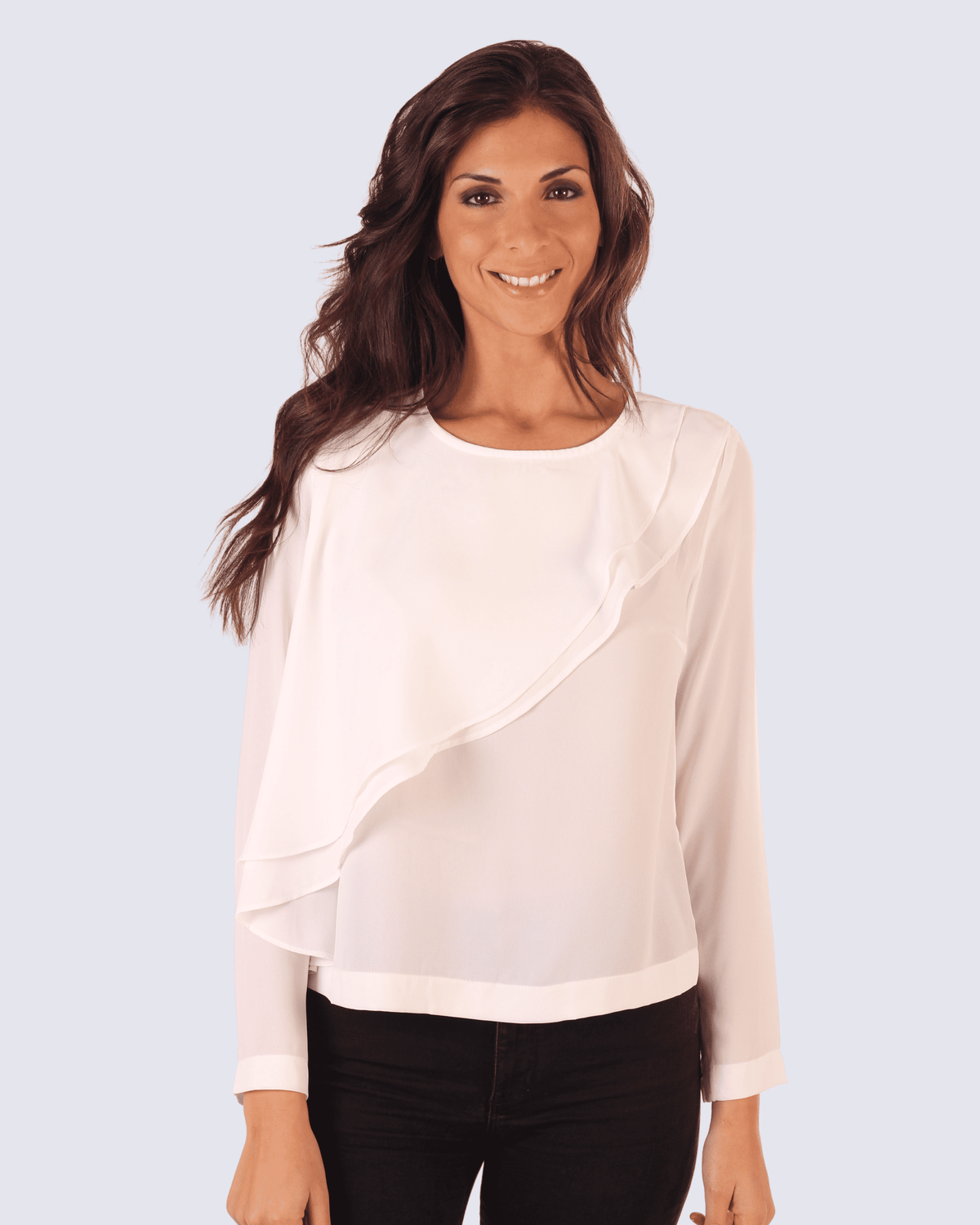 Blusa mujer elegante, camisa fluida semitransparente, doble volante asimétrico, manga larga, cierre trasero, estilo sofisticado, blanca, talla L, ideal oficina o eventos, cómoda y versátil ✅Entrega 24/48h