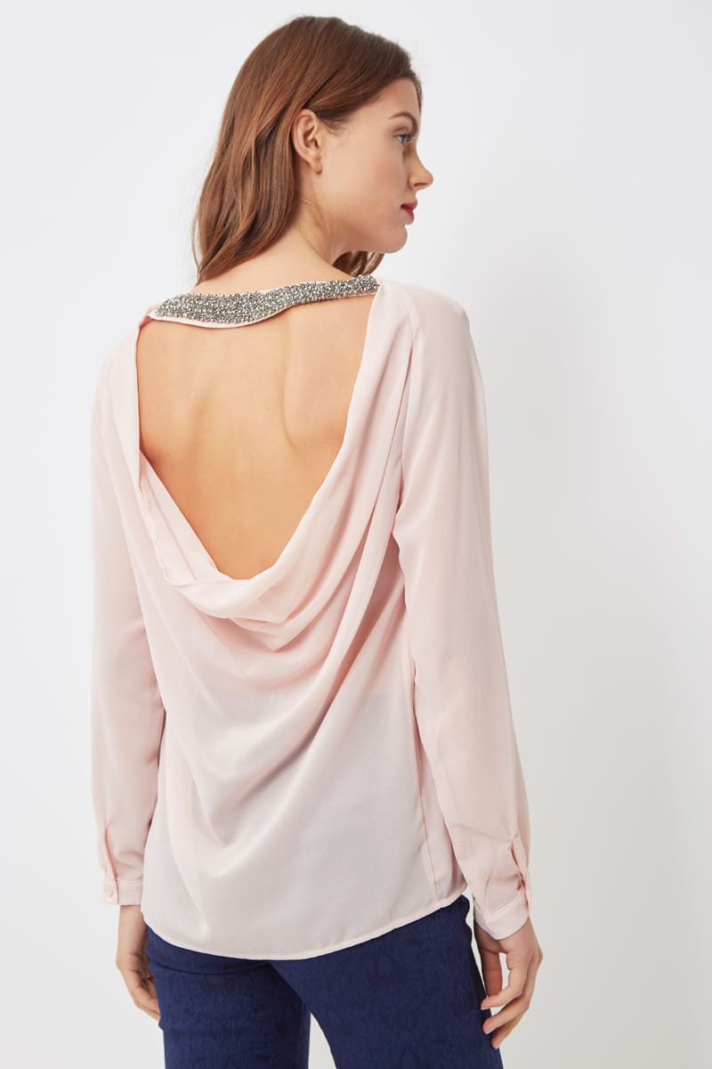Blusa fluida mujer, top elegante, manga larga, cuello redondo, escote en espalda con pedrería, cómoda, versátil, modelo H15304, color rosa, talla S, ideal ocasión especial, look sofisticado, ✅Entrega 24/48h