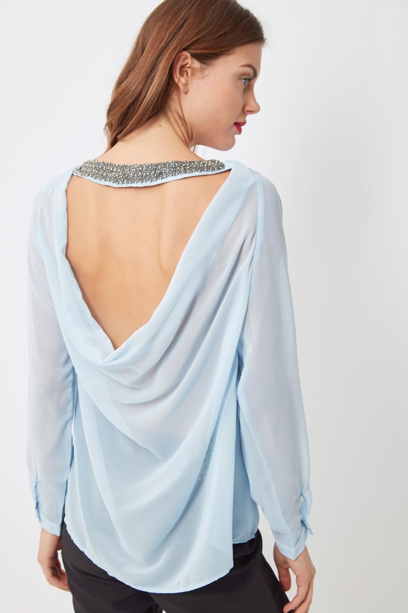 Blusa fluida mujer escote espalda pedrería, manga larga, cuello redondo, ligera, elegante, outfit versátil, azul claro, talla S, ideal trabajo y eventos, look moderno, cómoda ✅Entrega 24/48h