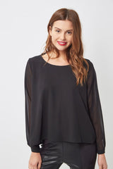 Blusa mujer elegante, blusón fluido, camisa cuello redondo, manga larga, espalda escotada, pedrería, ligera y cómoda, color negro, talla S, ideal outfit diario noche fiestas ✅Entrega 24/48h