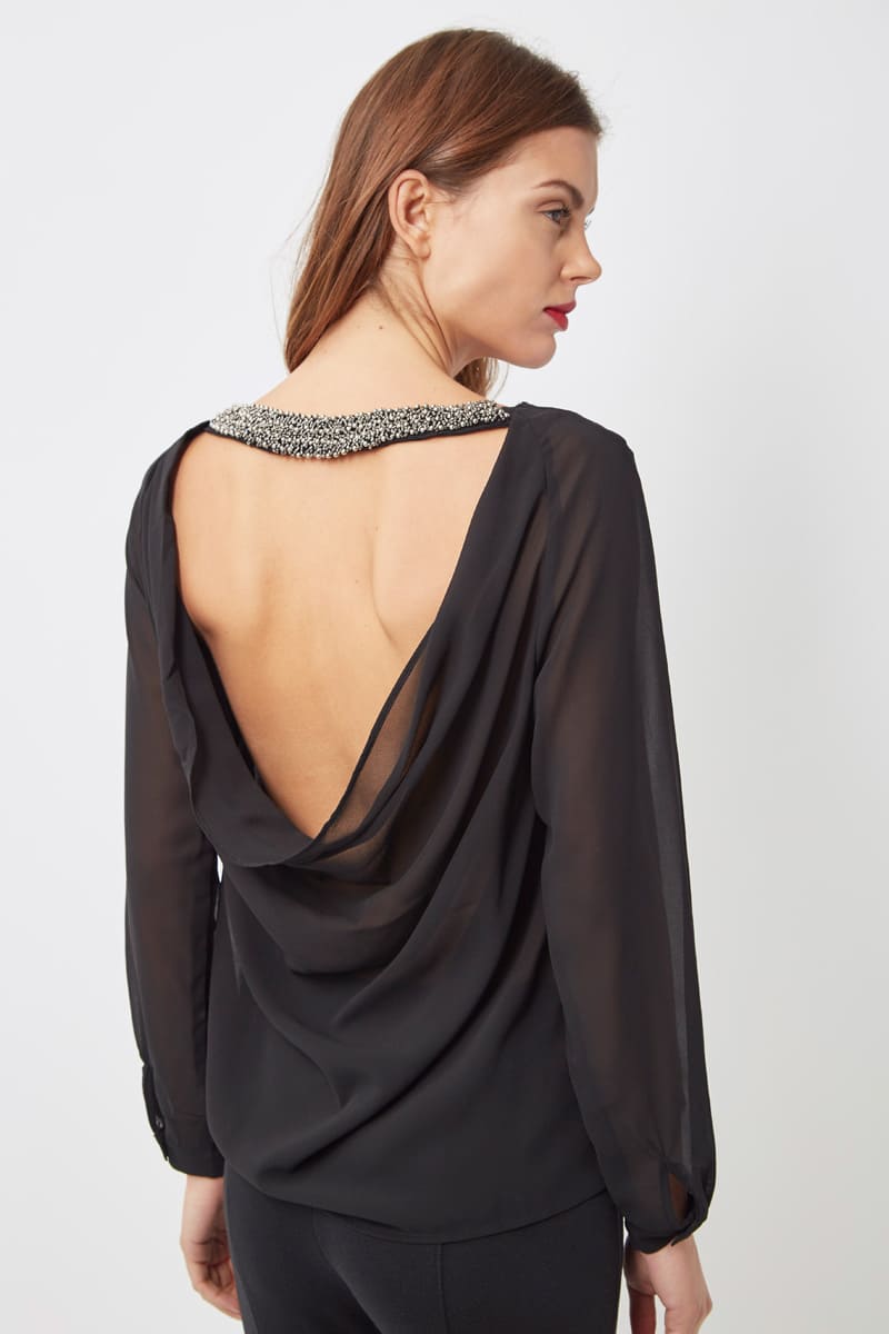 Blusa mujer elegante, blusón fluido, camisa cuello redondo, manga larga, espalda escotada, pedrería, ligera y cómoda, color negro, talla S, ideal outfit diario noche fiestas ✅Entrega 24/48h