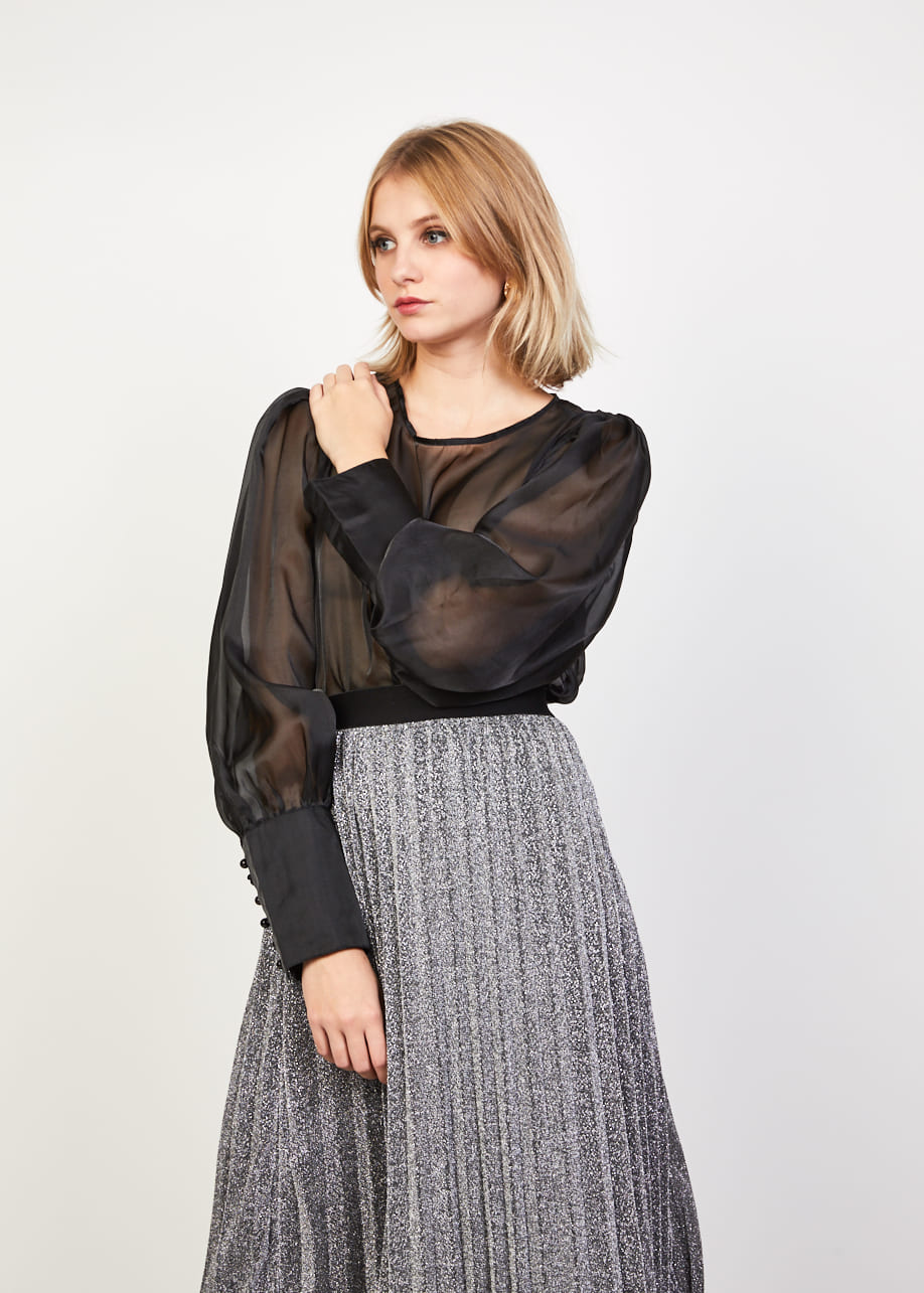 Blusa transparente mujer, camisa ligera, manga larga amplia, puños abotonados, poliéster elegante, cuello redondo, cierre lágrima, color negro, talla L, look moderno ✅Entrega 24/48h