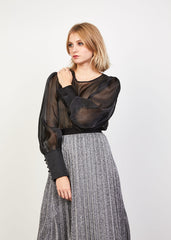 Blusa transparente mujer, camisa ligera, manga larga amplia, puños abotonados, poliéster elegante, cuello redondo, cierre lágrima, color negro, talla L, look moderno ✅Entrega 24/48h
