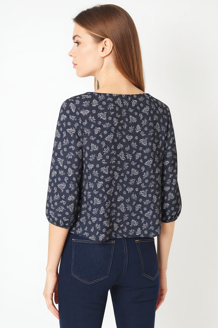Blusa cruzada mujer, top floral, manga francesa, escote redondo, tela ligera transpirable, corte casual, azul marino, talla L, look urbano, versátil, fácil combinar, ideal eventos informales, cómoda, elegante, ✅Entrega 24/48h
