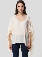 Blusa mujer fluida asimétrica top elegante cuello pico trenzado manga flecos modelo AN-040304 color beige talla 38 estilo versátil cómodo ideal outfits primavera verano fiesta oficina ✅Entrega 24/48h