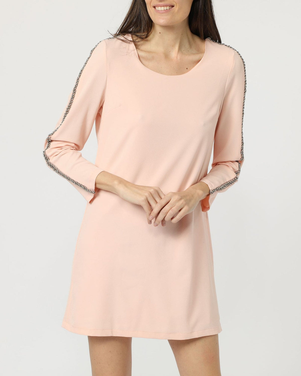 Vestido corto mujer, dress liso manga larga, cuello redondo, casual, modelo Love & Money J123069, estilo minimalista, color rosa pálido, talla L, cómodo y versátil ✅Entrega 24/48h