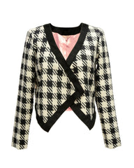 Chaqueta corta mujer, blazer, abrigo ligero, diseño asimétrico, estampado pata de gallo, forro interior rosa, manga larga, tejido suave, elegante, corte moderno, color negro/blanco, talla S, cómoda y versátil ✅Entrega 24/48h