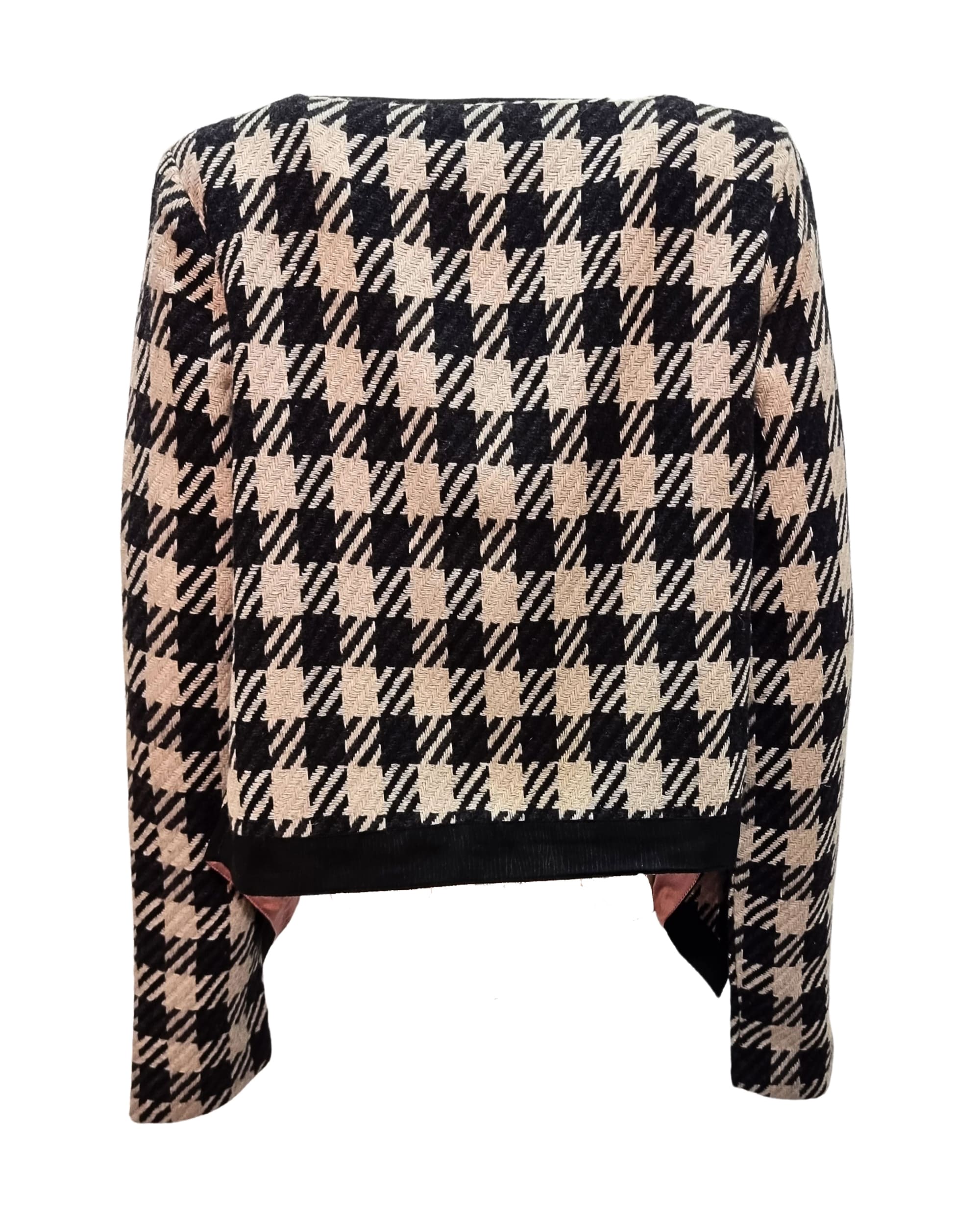 Chaqueta corta mujer, blazer, abrigo ligero, diseño asimétrico, estampado pata de gallo, forro interior rosa, manga larga, tejido suave, elegante, corte moderno, color negro/blanco, talla S, cómoda y versátil ✅Entrega 24/48h
