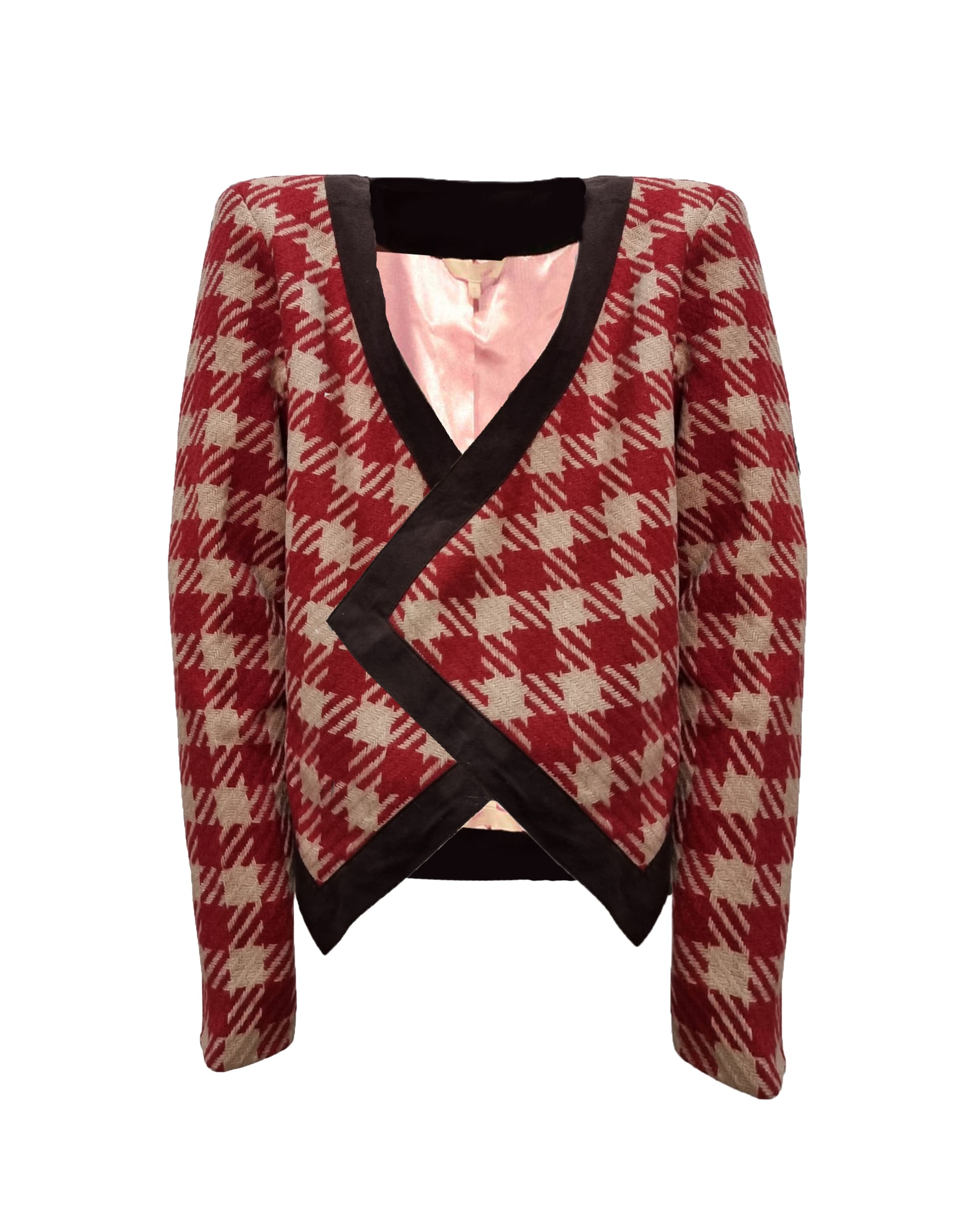 Chaqueta corta, blazer, abrigo ligero asimétrico pata de gallo, escote en V, manga larga, ribetes en contraste, forro interior, talla S, elegante y versátil, rojo/beige ✅Entrega 24/48h
