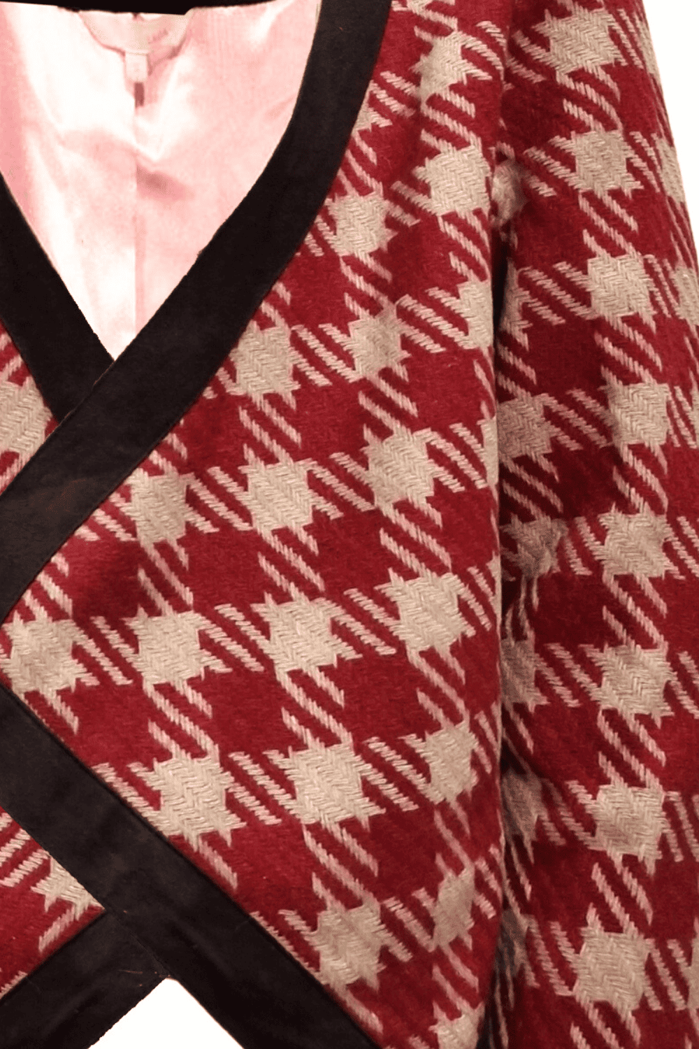 Chaqueta corta, blazer, abrigo ligero asimétrico pata de gallo, escote en V, manga larga, ribetes en contraste, forro interior, talla S, elegante y versátil, rojo/beige ✅Entrega 24/48h