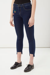 Jeans ajustados skinny mujer, pantalón denim bordado floral tiro medio, diseño clásico, estilo casual urbano, acabado suave, color azul oscuro, talla L, cómodo y versátil ✅Entrega 24/48h