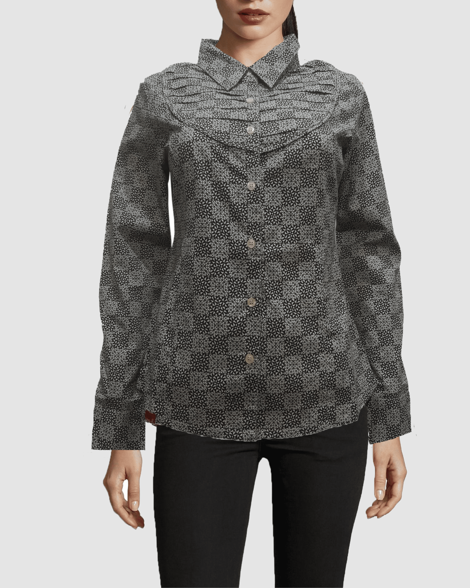 Blusa casual mujer, camisa mujer cuadros, manga larga, botones frontales, diseño geométrico, tela ligera cómoda, ideal oficina o urbano, color negro, talla S, estilo elegante y versátil ✅Entrega 24/48h