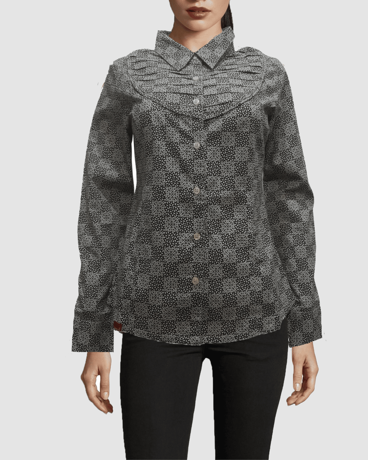 Blusa casual mujer, camisa mujer cuadros, manga larga, botones frontales, diseño geométrico, tela ligera cómoda, ideal oficina o urbano, color negro, talla S, estilo elegante y versátil ✅Entrega 24/48h