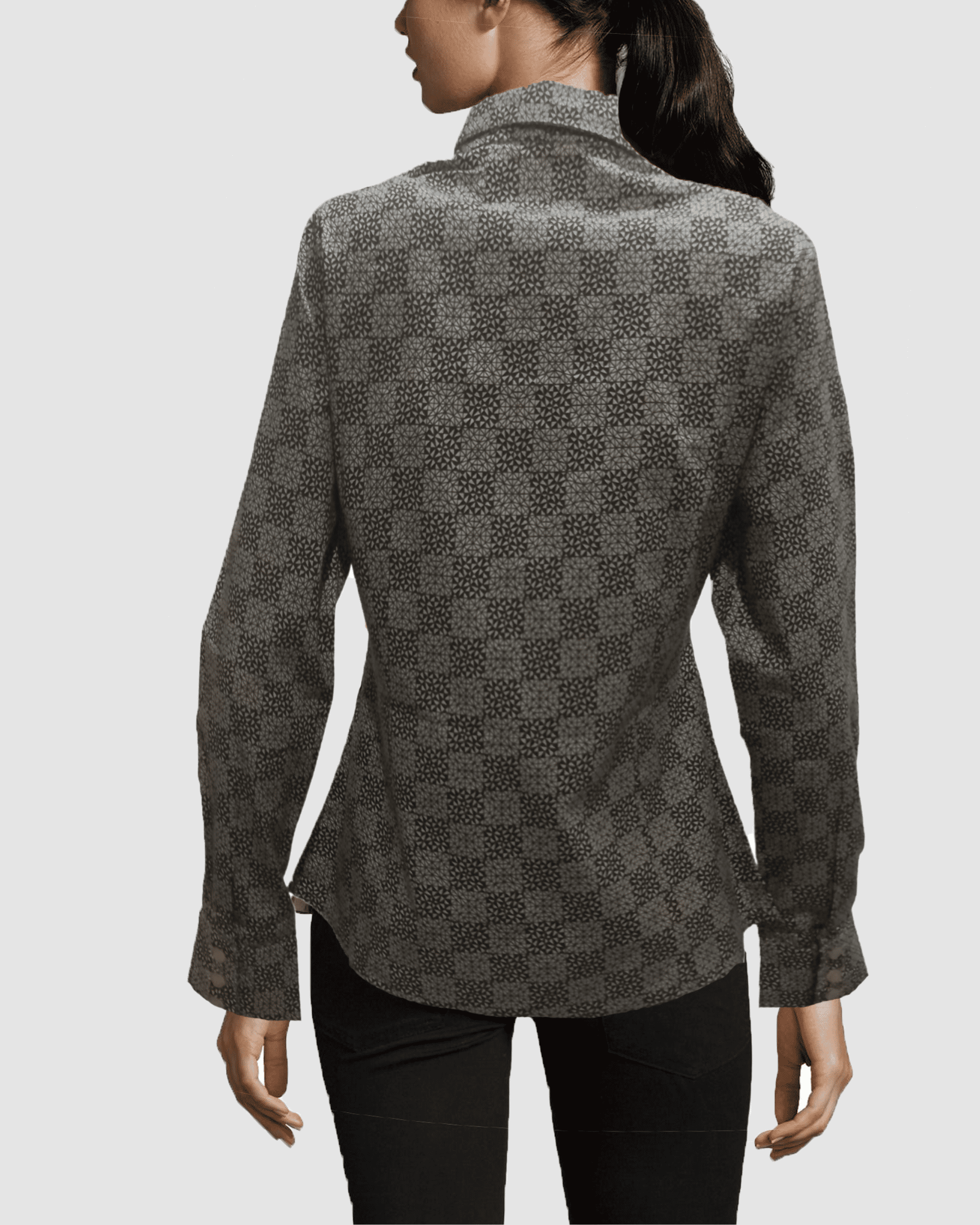 Blusa casual mujer, camisa mujer cuadros, manga larga, botones frontales, diseño geométrico, tela ligera cómoda, ideal oficina o urbano, color negro, talla S, estilo elegante y versátil ✅Entrega 24/48h